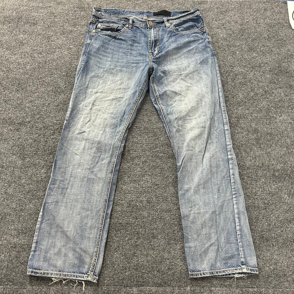 Axel Jeans Mens Size 36x34 Blue Relaxed Straight Leg Distressed Contrast Stitch